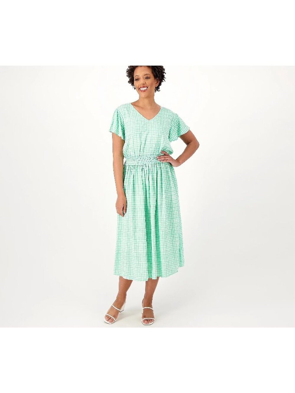 Candace Cameron Bure Dress Size 2XP Petite Smocked VNeck Midi Green Gingham NEW